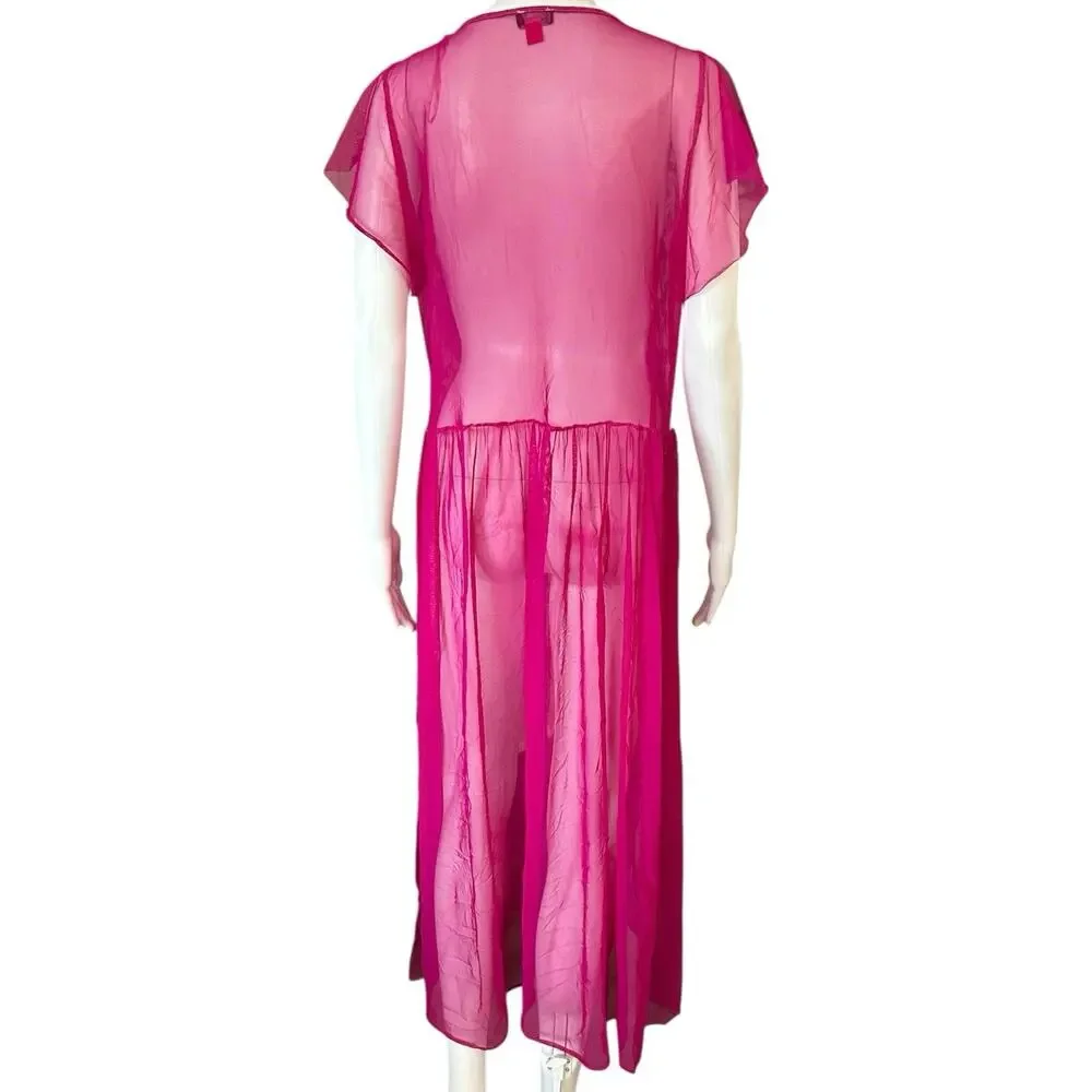 Vince Camuto Sz M Floral Embroidered Mesh Sheer Overlay Dress Pink Purple Maxi - Picture 5 of 9